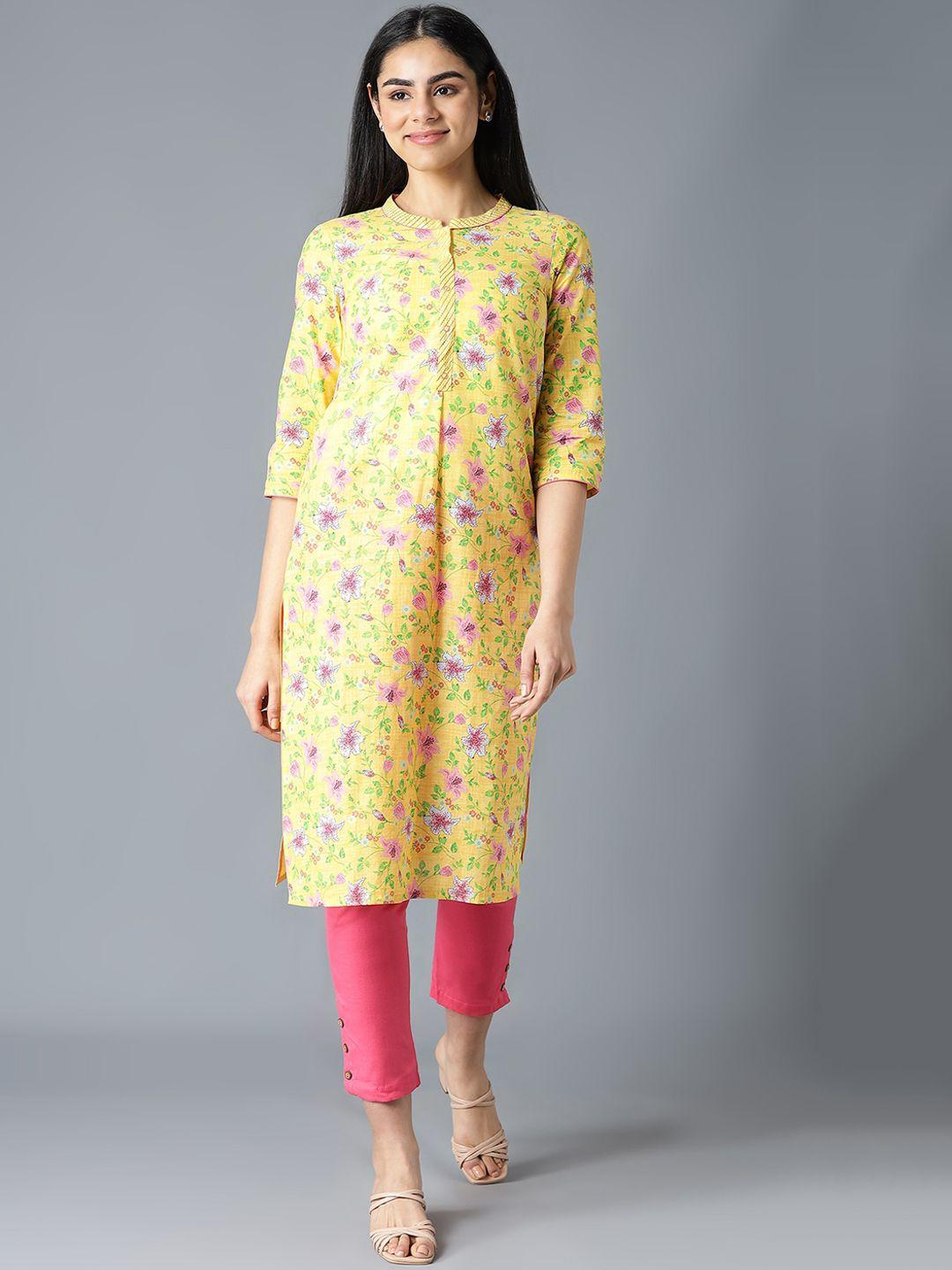 aurelia women yellow floral printed floral cotton kurta