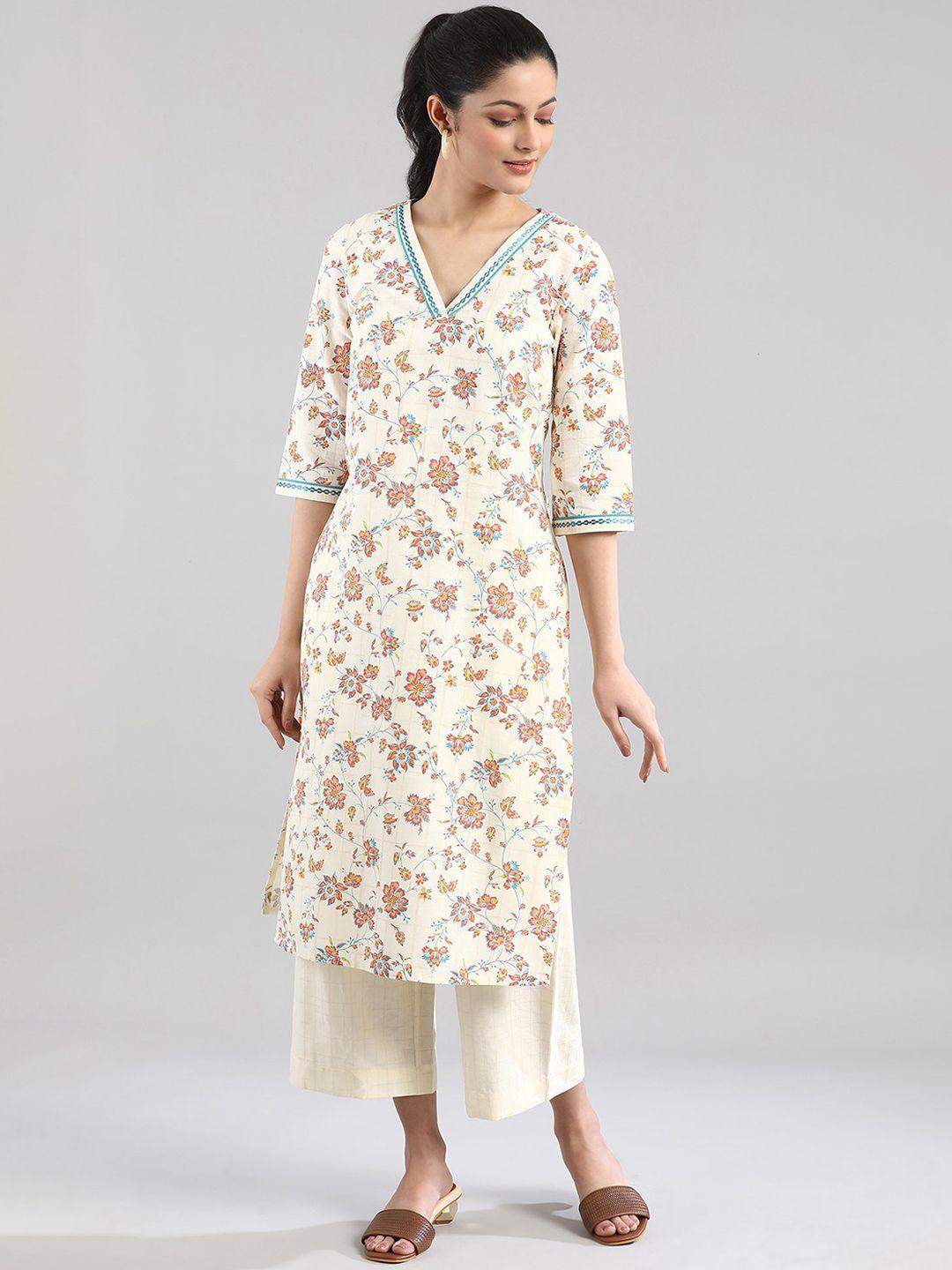 aurelia women beige printed kurta with trousers