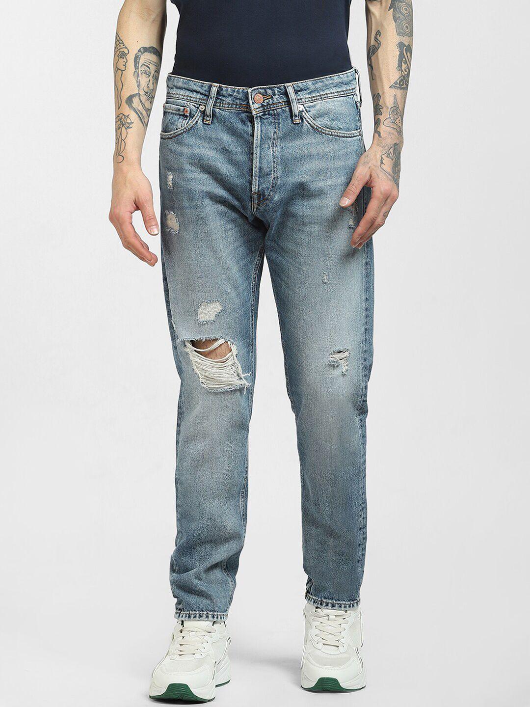 jack & jones men blue low-rise mildly distressed heavy fade jeans