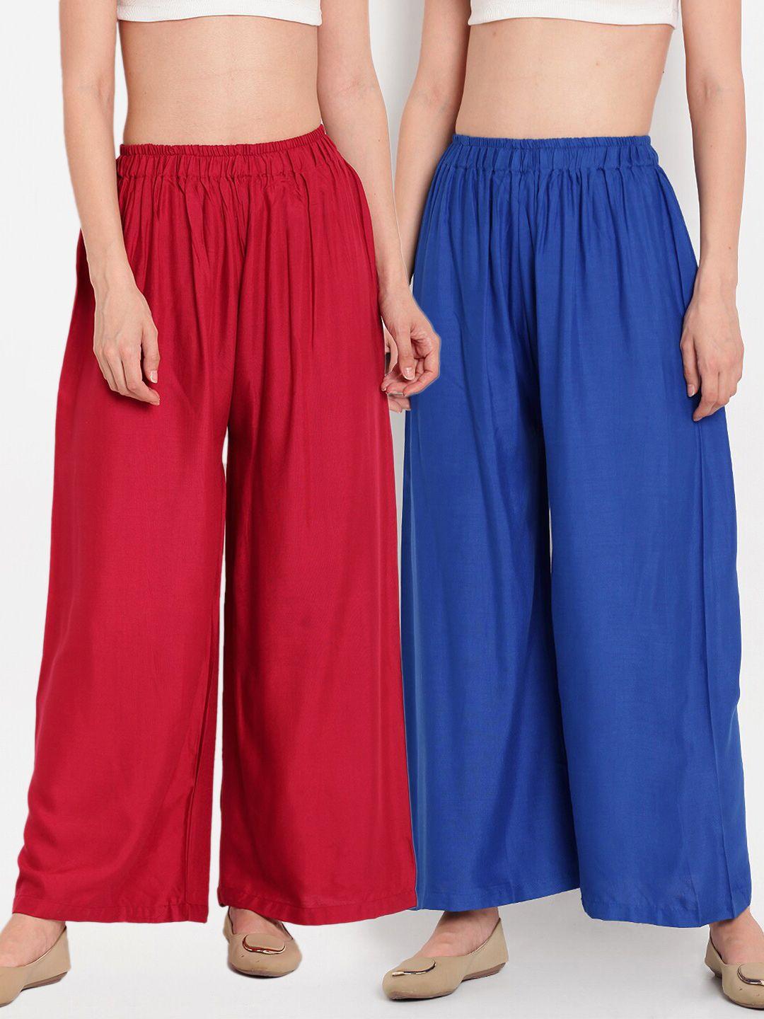 tag 7 women maroon & blue set of 2 flared ethnic palazzos