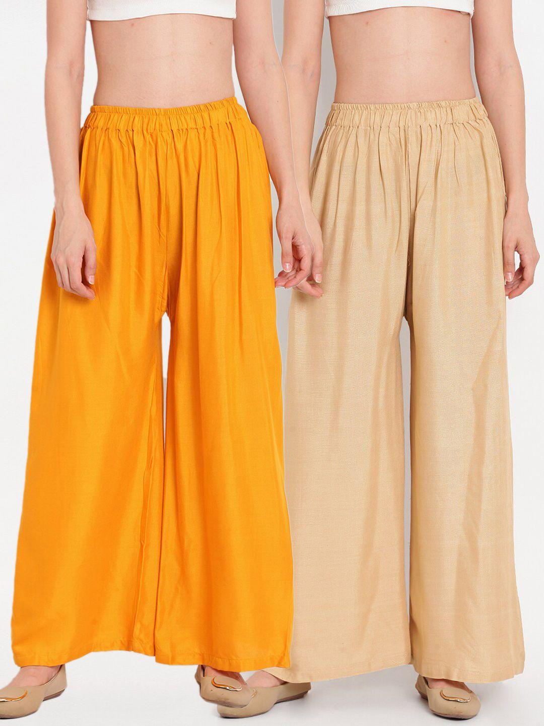 tag 7 women yellow & beige set of 2 flared ethnic palazzos