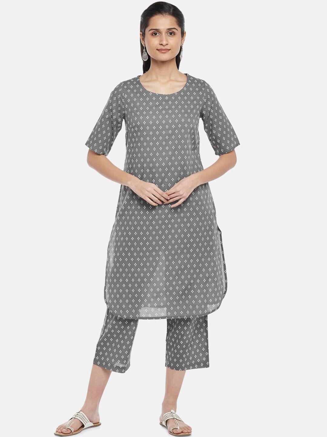 rangmanch by pantaloons women charcoal printed pure cotton kurti with trousers