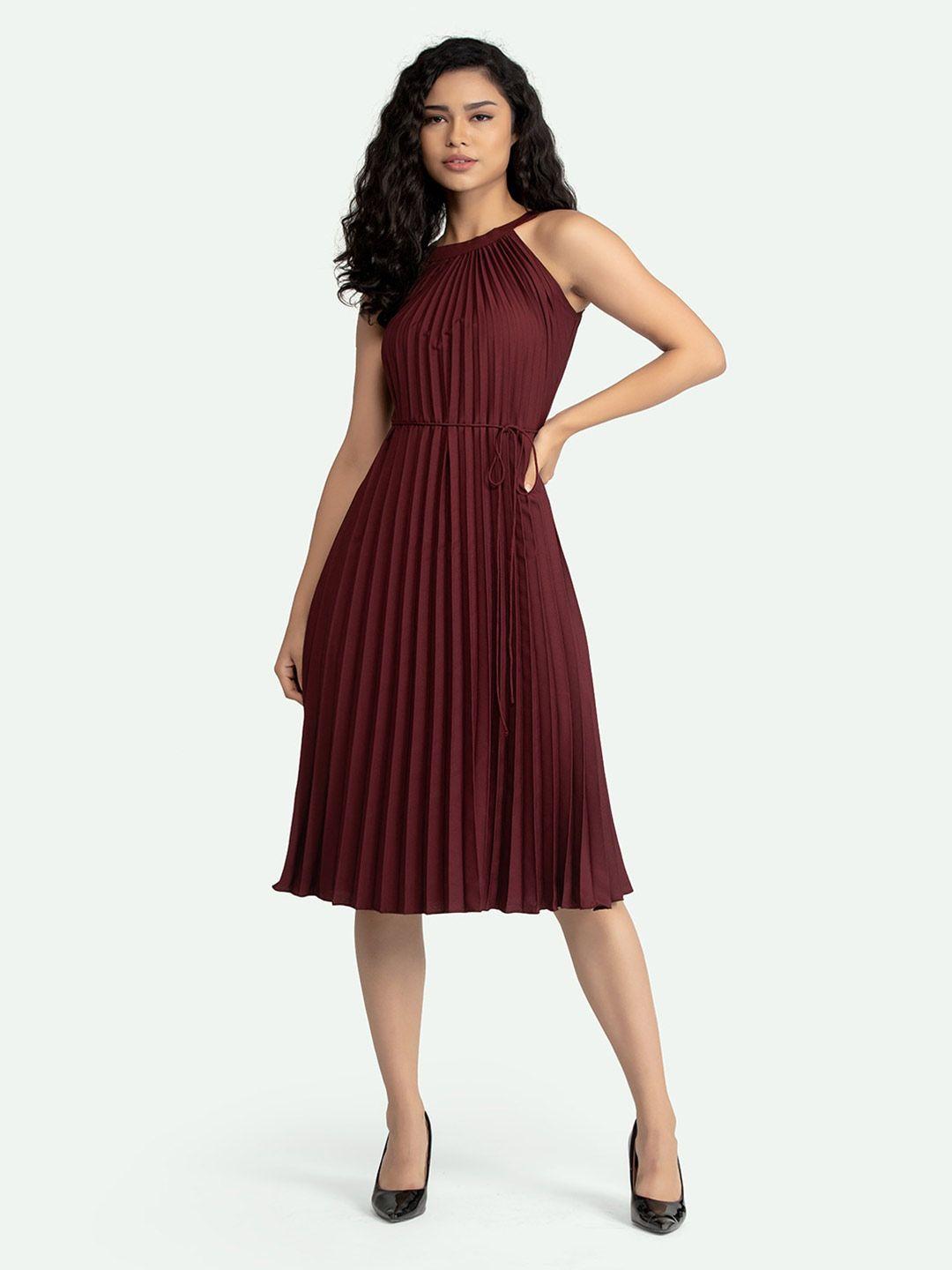 aask maroon halter neck accordion pleated a-line dress