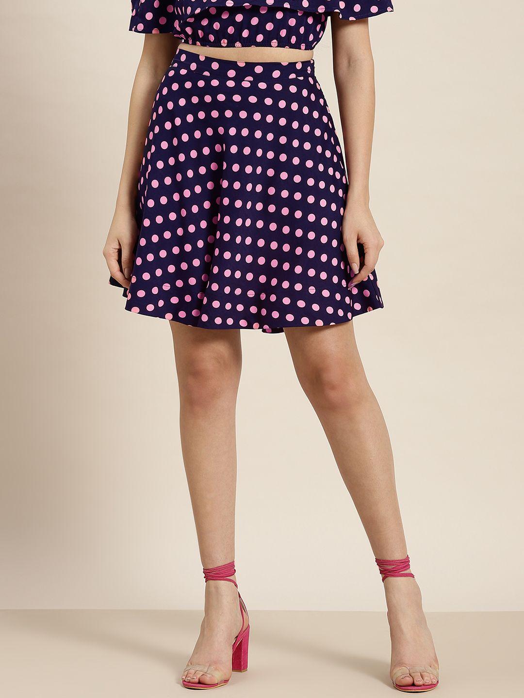 qurvii women navy blue & pink polka dots printed a-line mini skirt