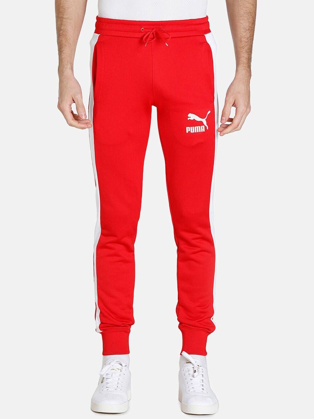 puma men red & white solid slim fit cotton sustainable joggers