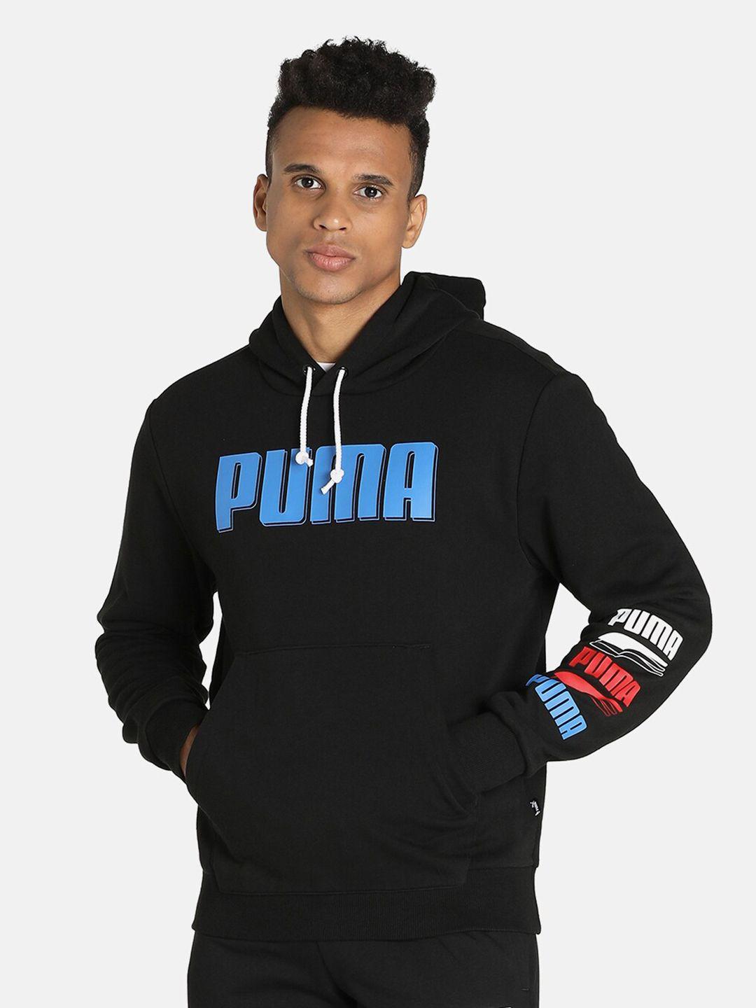 puma men black & blue brand logo printed cotton rebel bold hooded sweatshirts