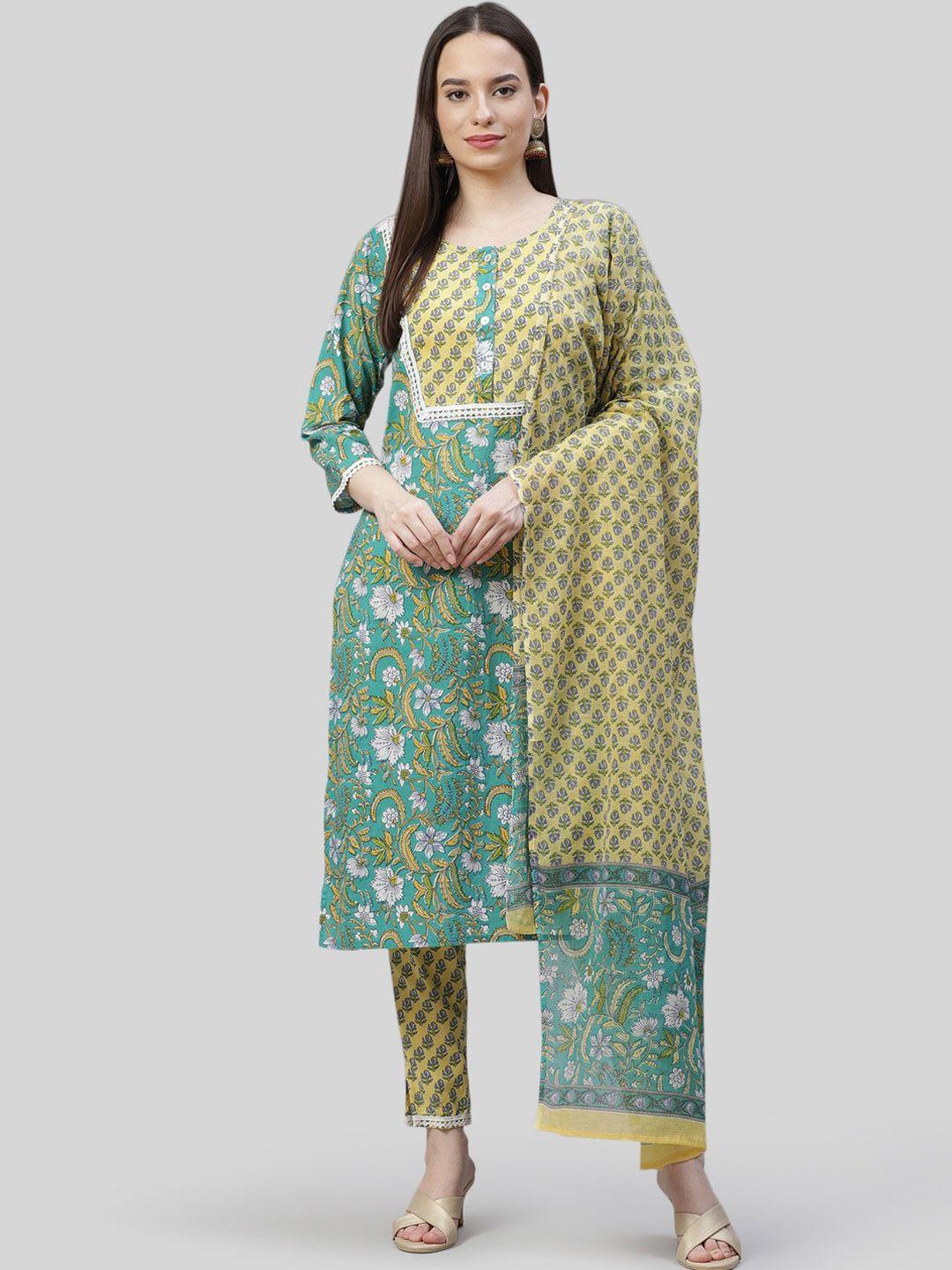 jompers women green floral regular pure cotton kurti with trousers & with dupatta