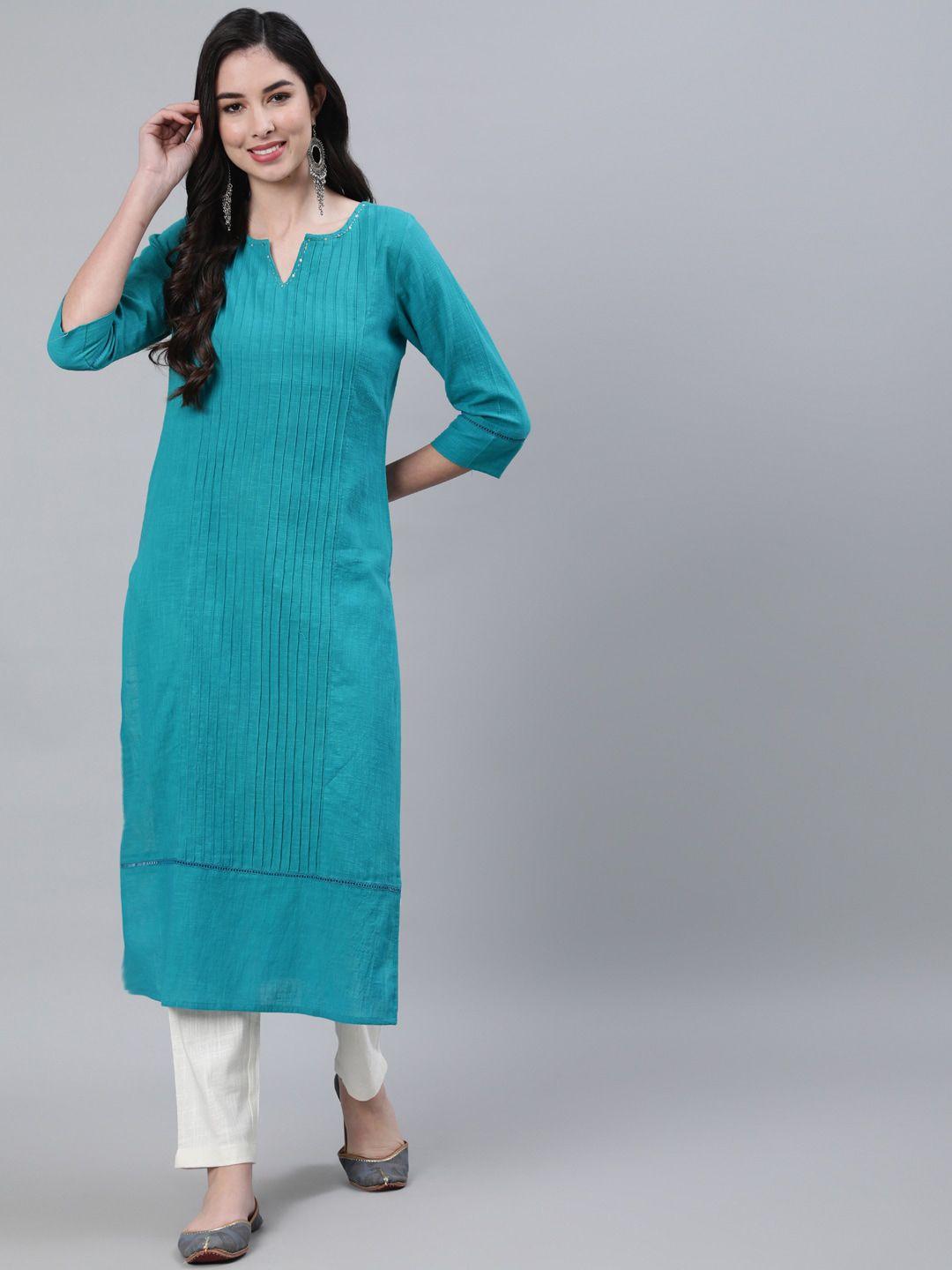 jaipur kurti women teal blue solid cotton kurta