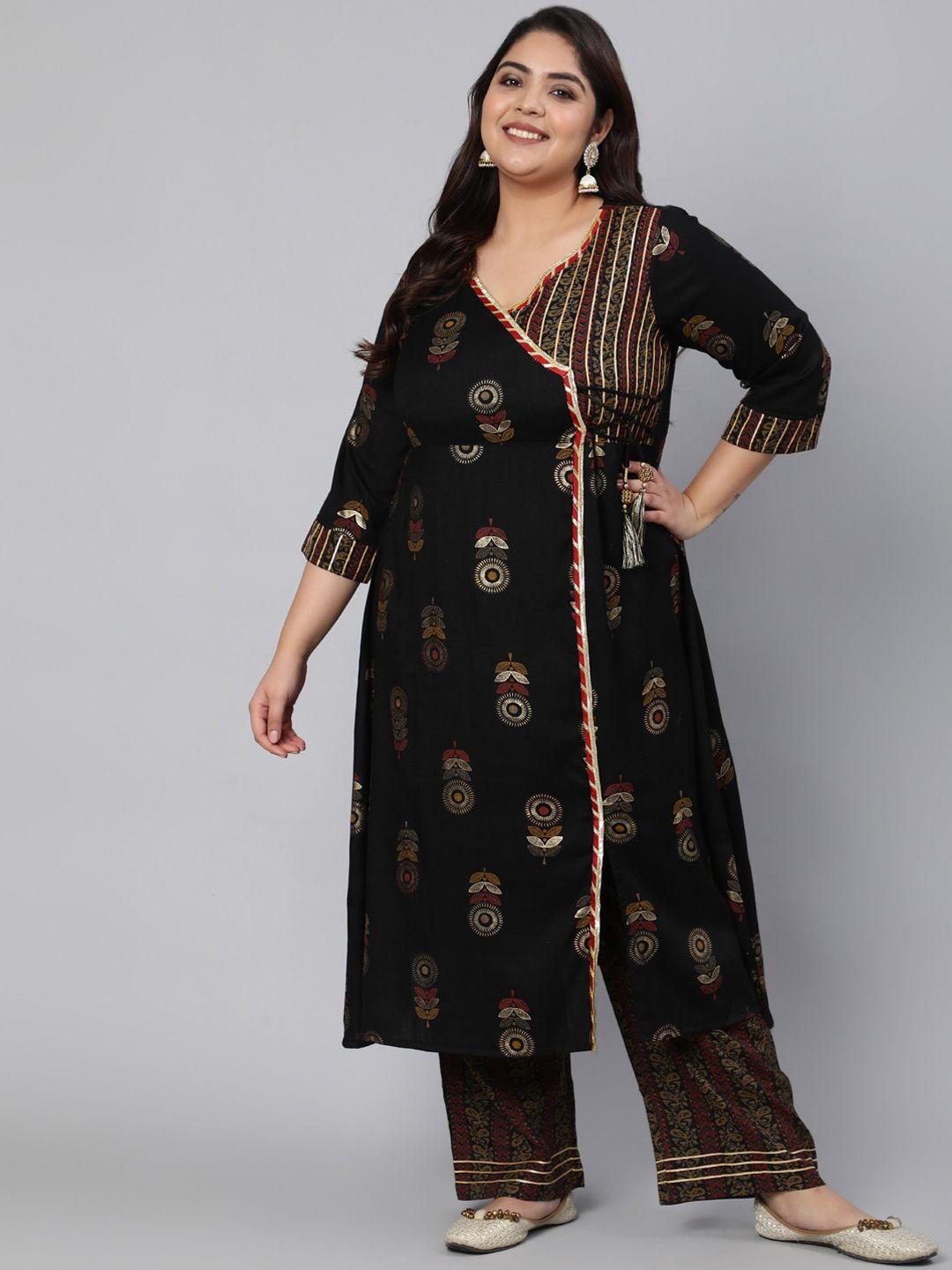 jaipur kurta women black floral printed angrakha gotta patti kurta with trousers