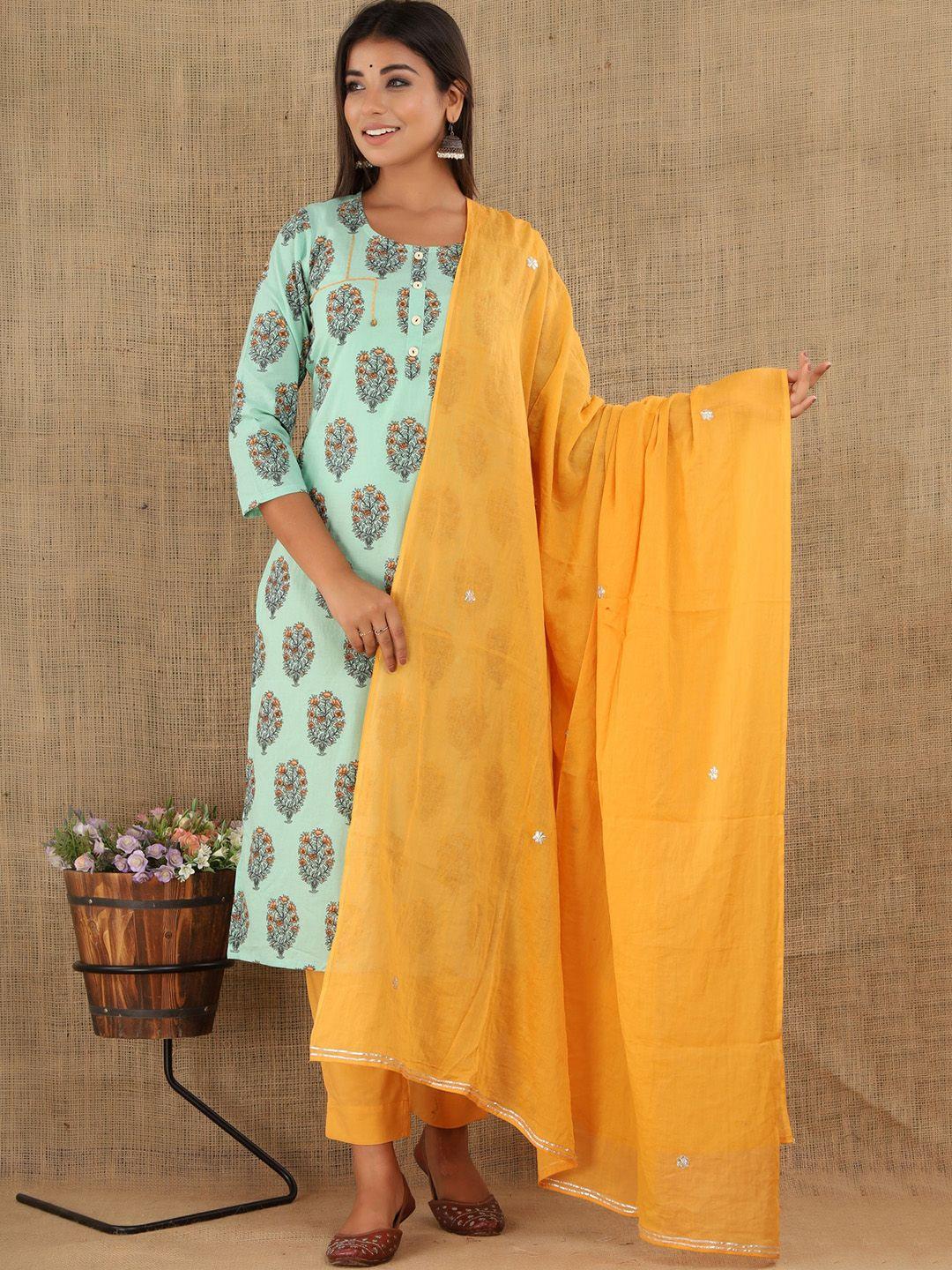 kaajh women sea green floral printed layered pure cotton kurta with trousers & dupatta