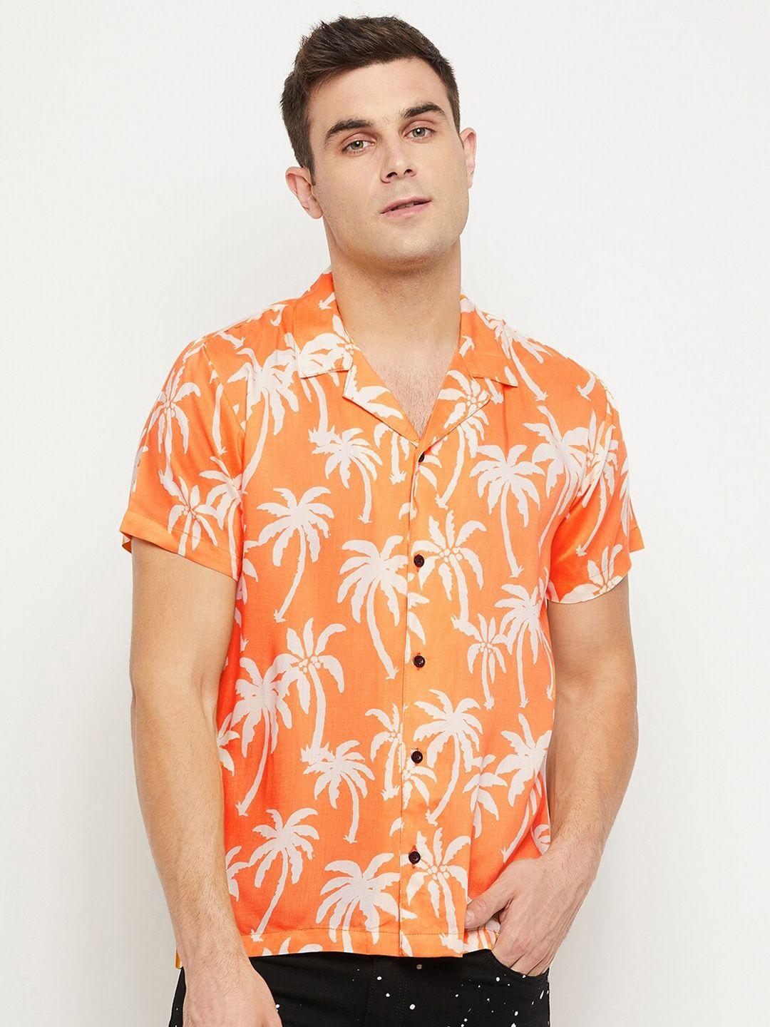 fugazee men orange & white tropical printed pure cotton casual shirt