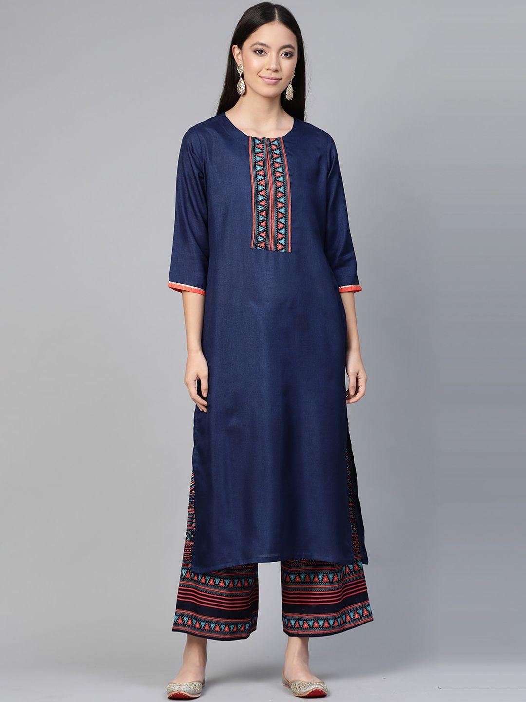 indo era women navy blue yoke design panelled kurti with palazzos