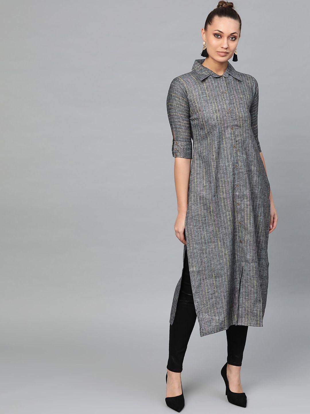 indo era women grey striped cotton kurta