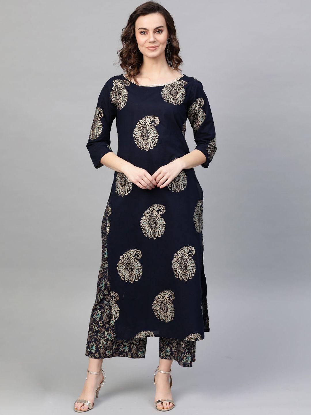 indo era women navy blue ethnic motifs printed panelled pure cotton kurti with trousers