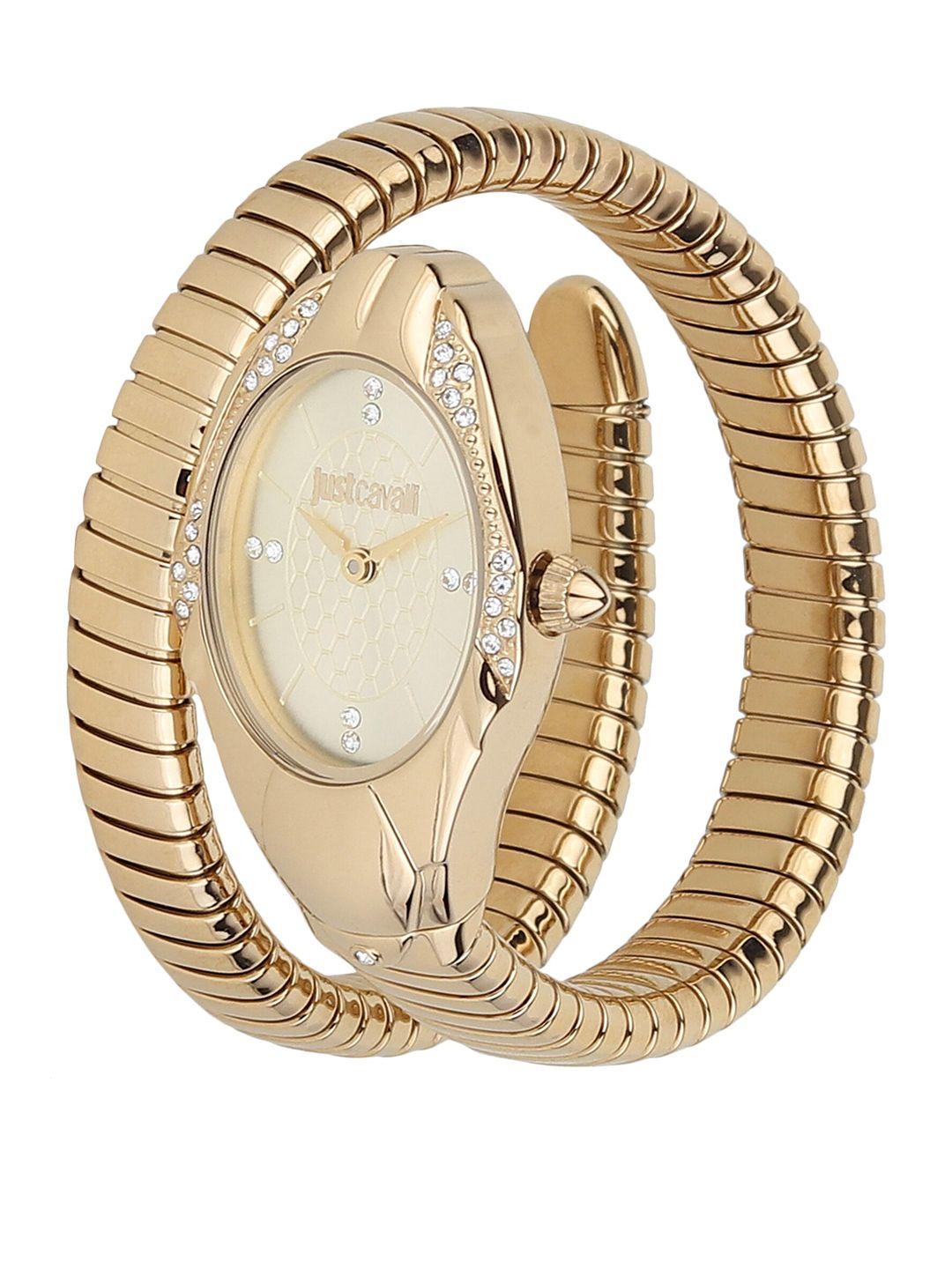 just cavalli women copper-toned brass embellished dial & gold toned bracelet style watch