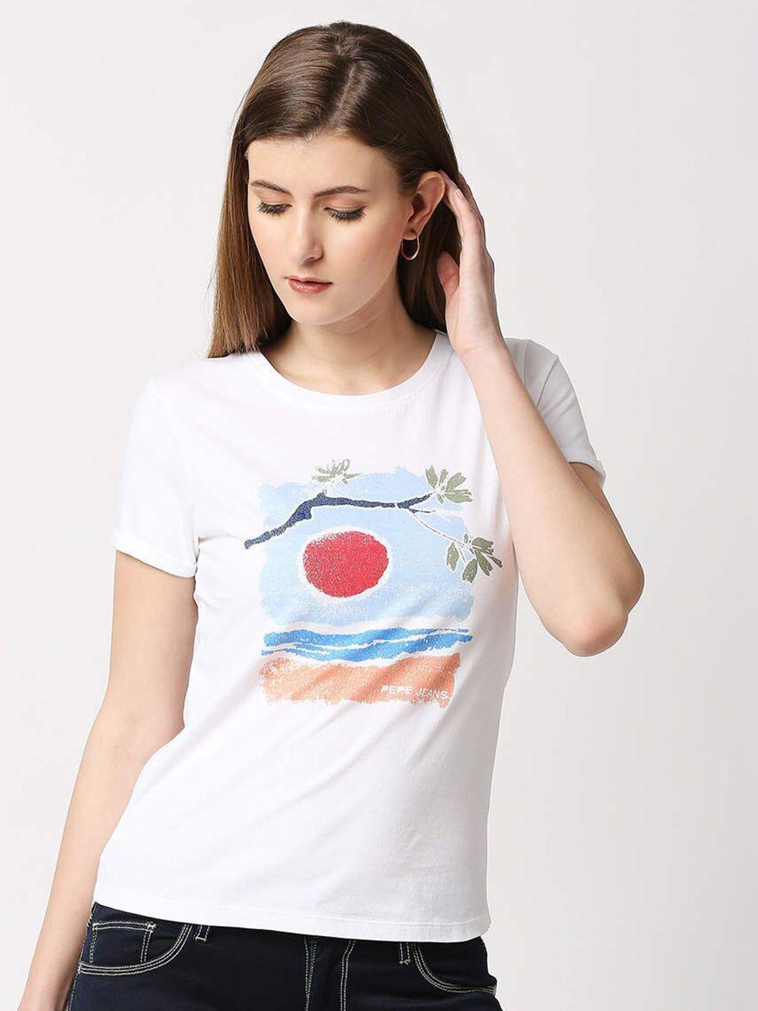 pepe jeans women white & blue printed cotton t-shirt