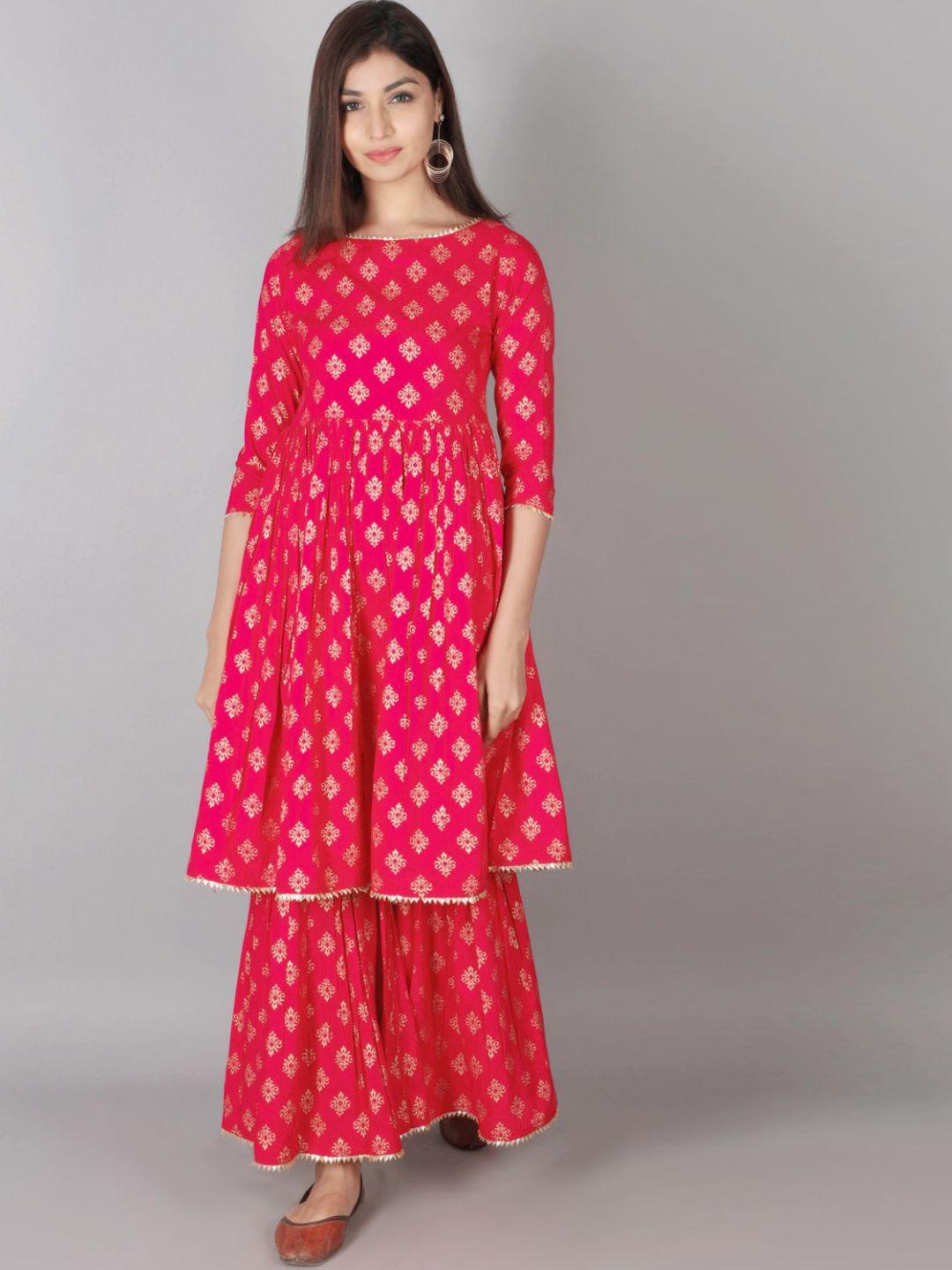 kalini women pink ethnic motifs printed panelled kurta with sharara