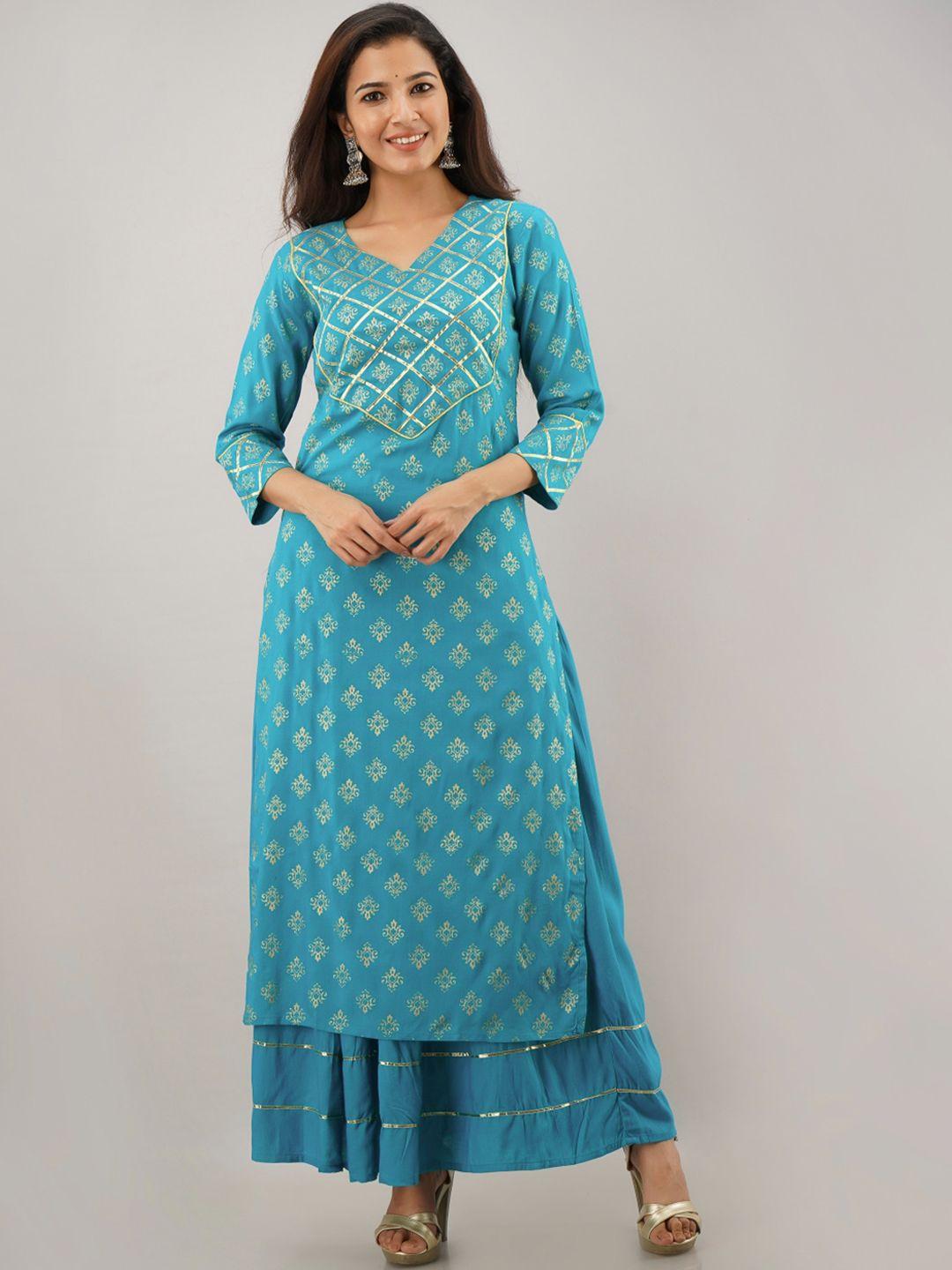 kalini women turquoise blue ethnic motifs printed kurti with skirt