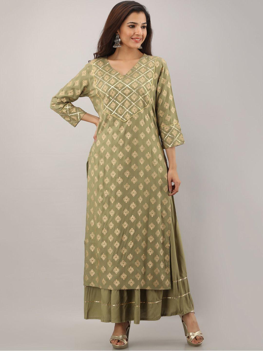 kalini women green ethnic motifs printed kurti with skirt