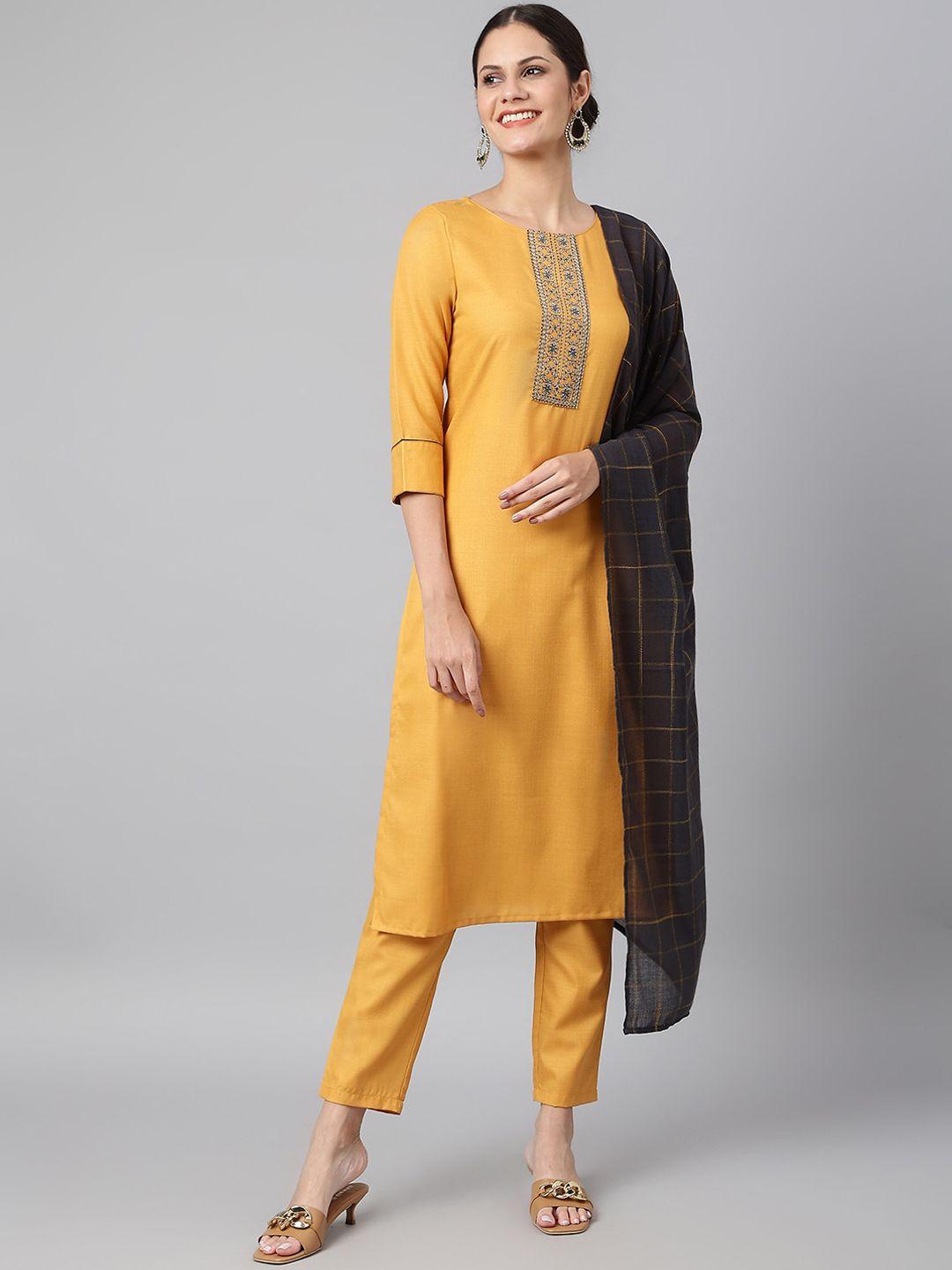 os women mustard yellow panelled kurti with trousers & with dupatta