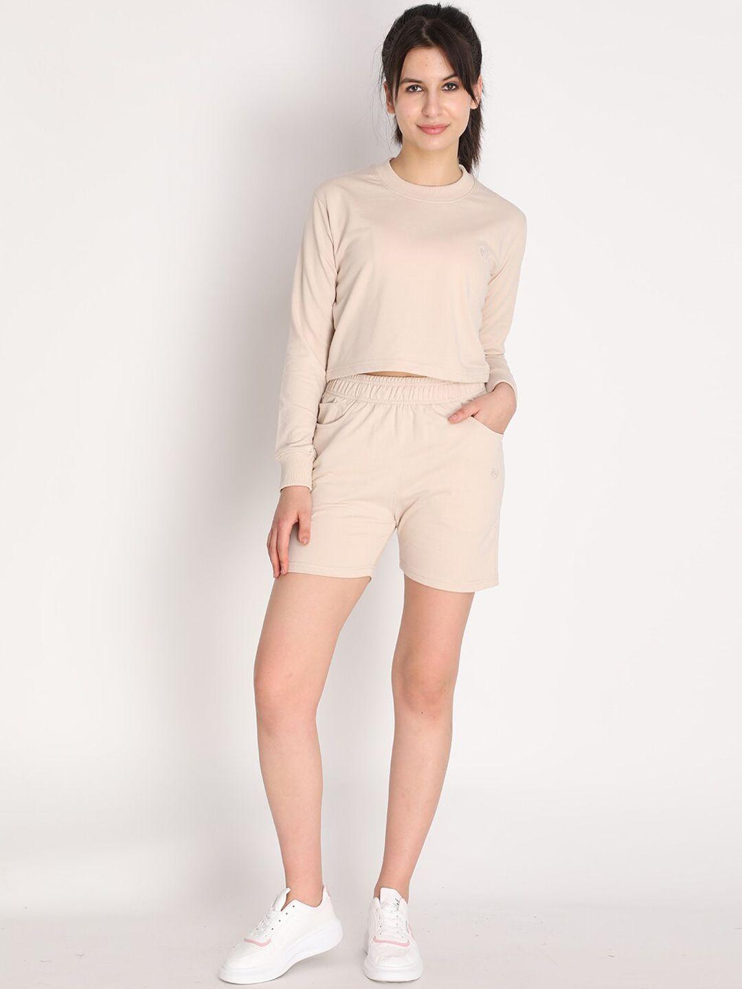 chkokko women pastel beige solid sweatshirt with shorts