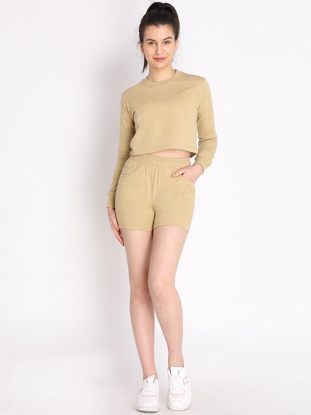 chkokko women beige solid top & shorts