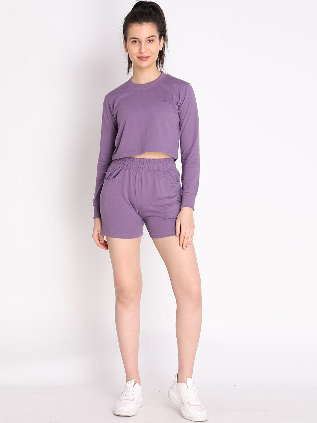 chkokko women purple solid cropped t-shirt & shorts