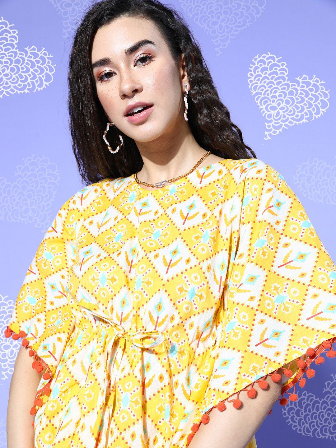 bannos swagger women yellow & cream-coloured pure cotton printed kaftan pyjamas set