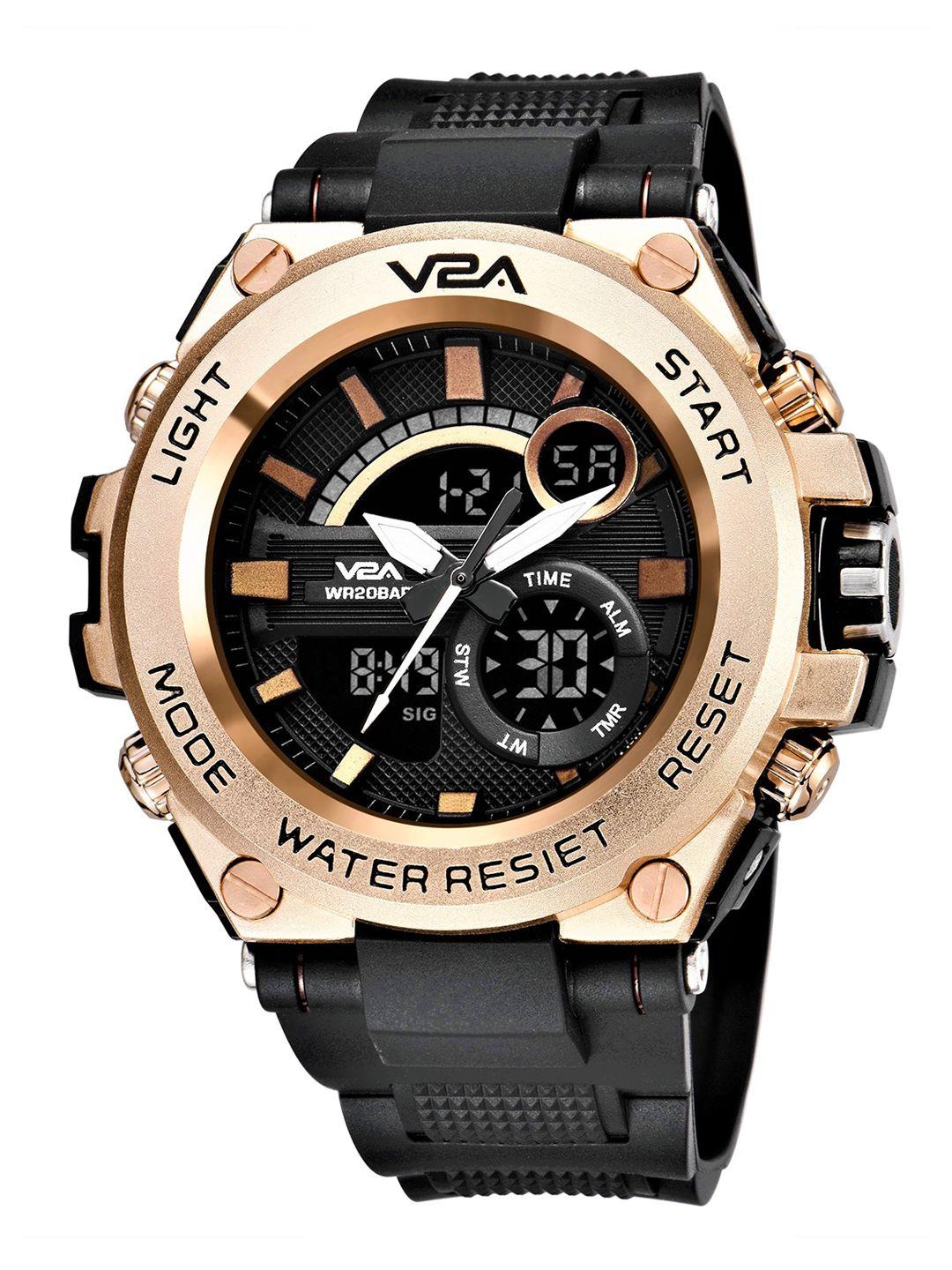 v2a men rose gold-toned patterned dial & black textured straps analogue multi function watch