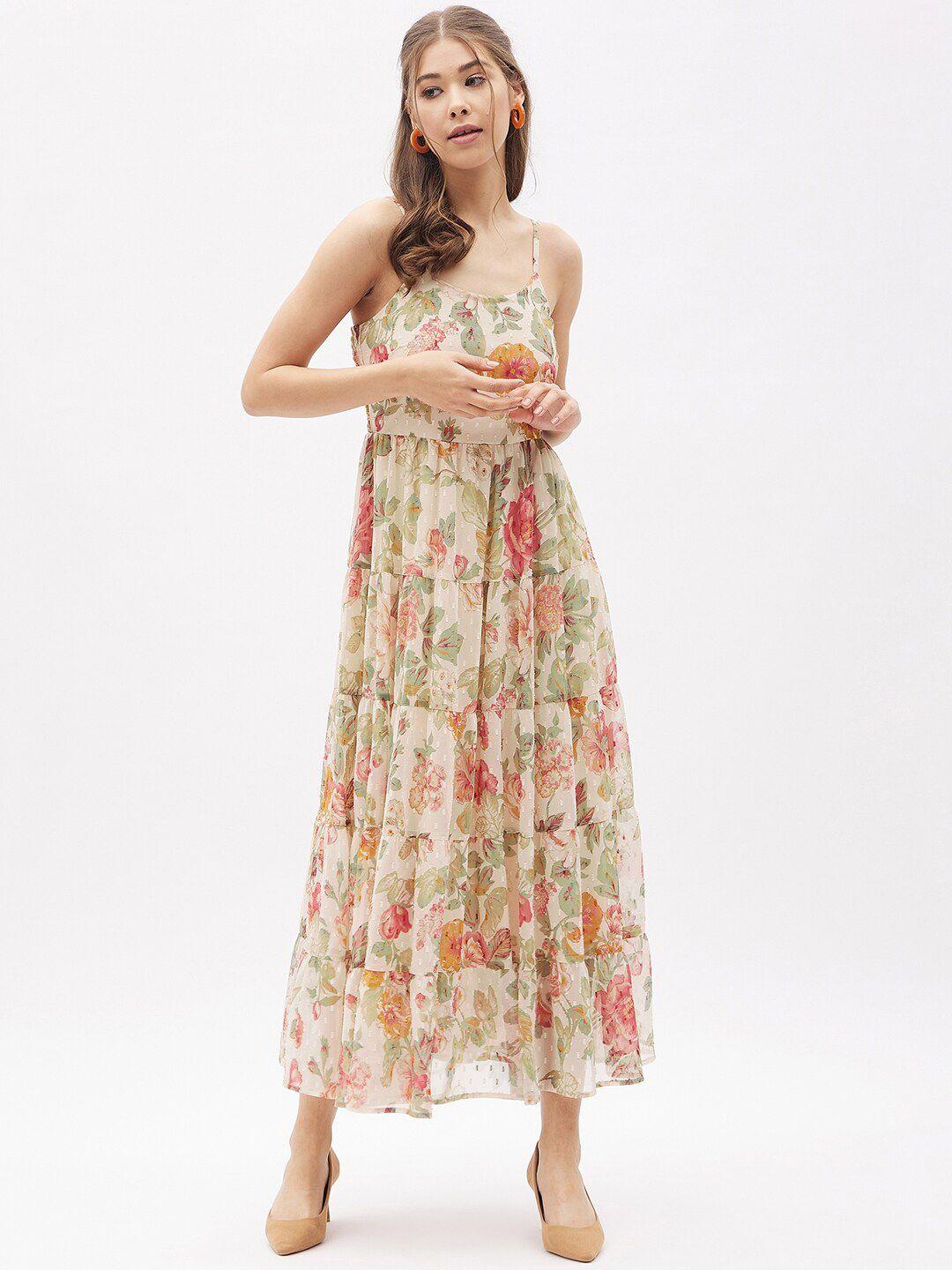 harpa beige & pink floral georgette maxi dress