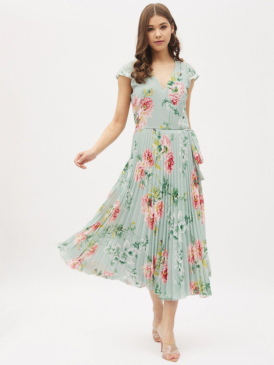 harpa green & pink floral georgette midi dress