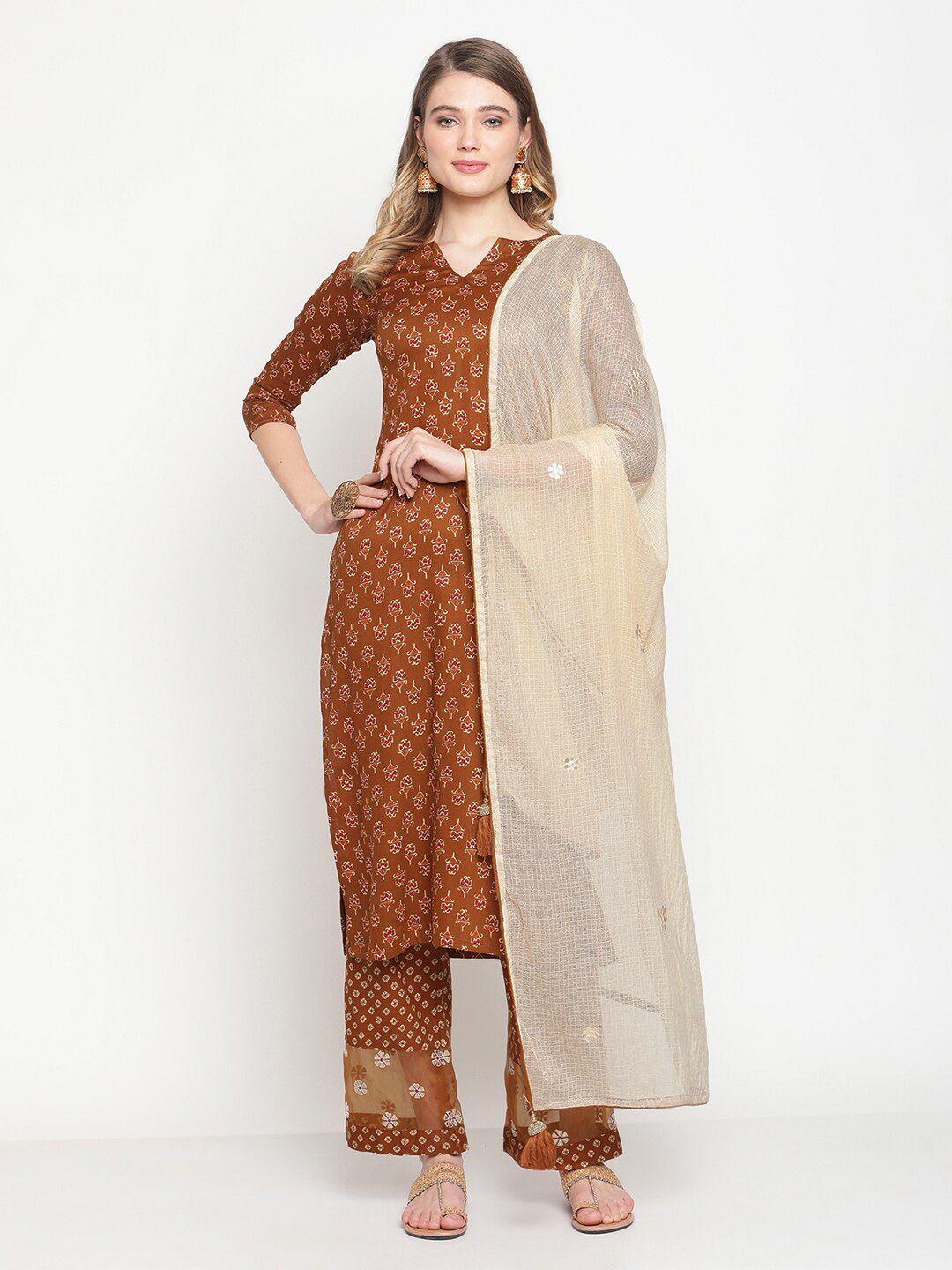 stylee lifestyle brown & beige ethnic motifs printed unstitched dress material