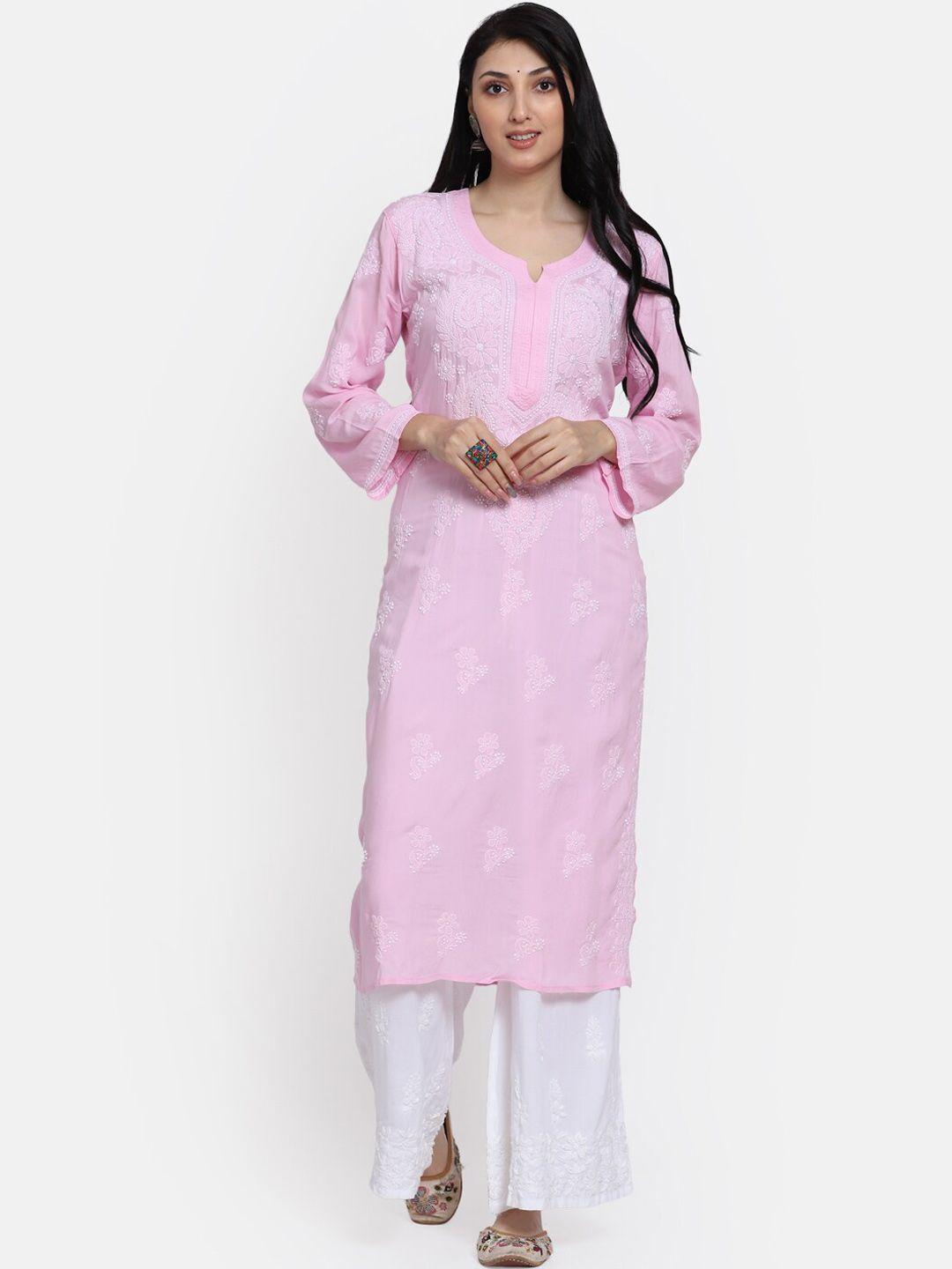 paramount chikan women pink ethnic motifs flared sleeves thread work kurta