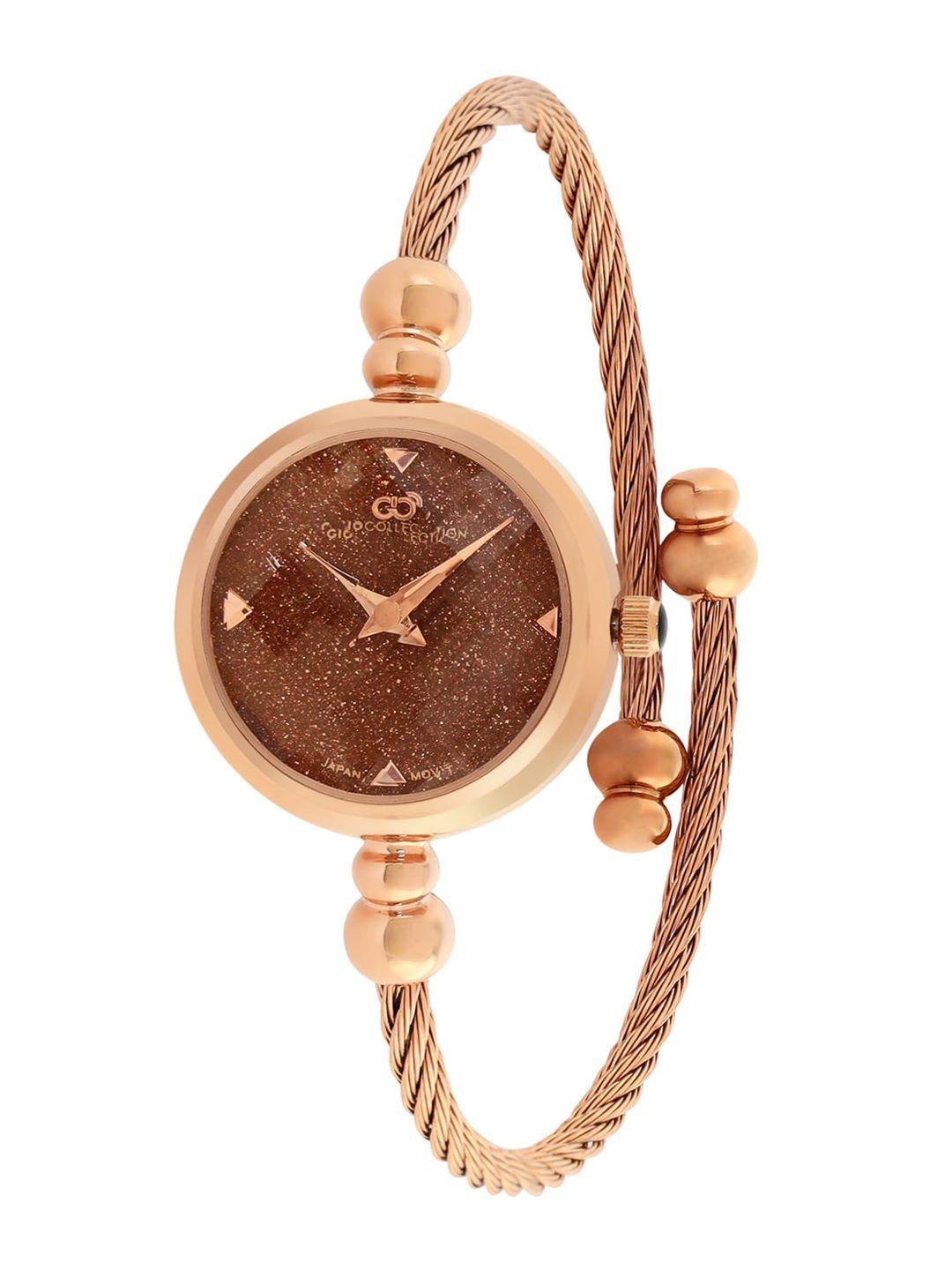 gio collection women rose gold-toned embellished dial & rose gold toned bracelet style straps analogue watch