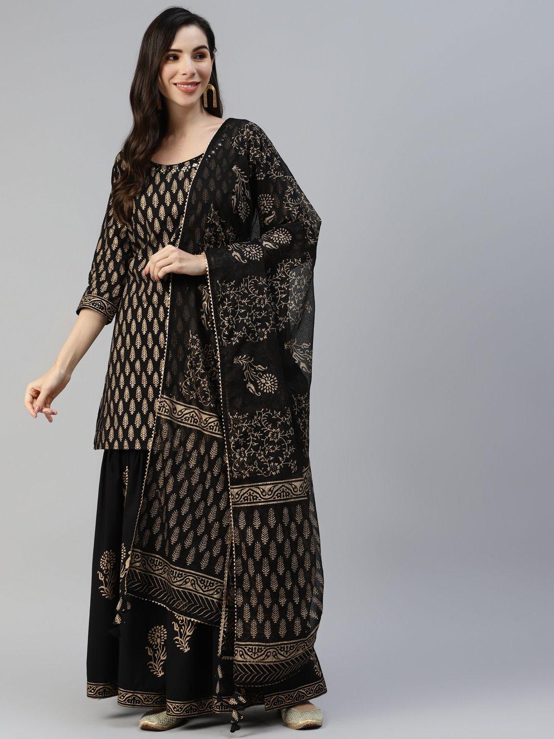 divena women black ethnic motifs printed mirror work pure cotton kurti with sharara & with dupatta