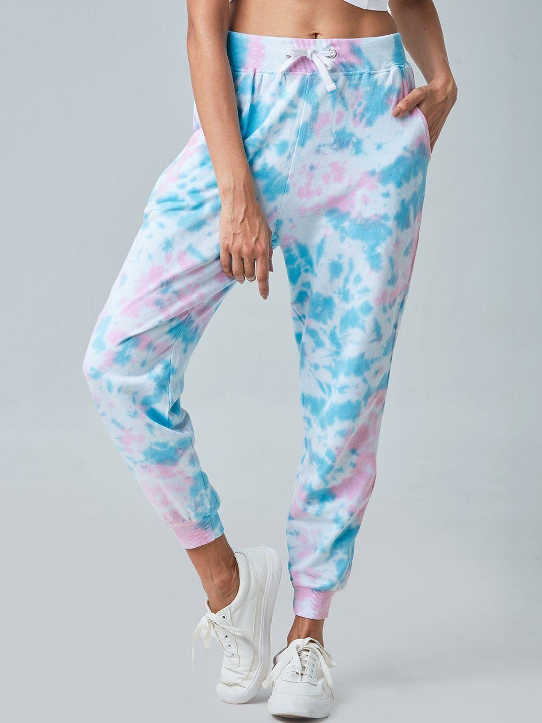 the souled store women white & turquoise blue tie & dye cotton track pants