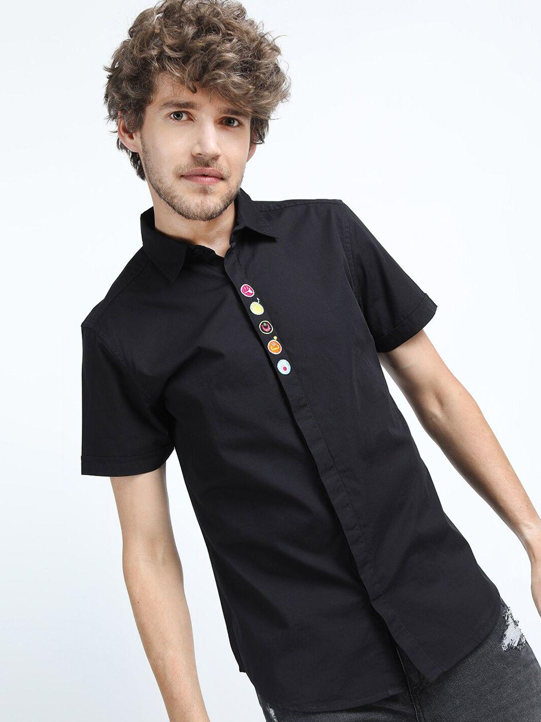 locomotive men black solid slim fit cotton casual shirt