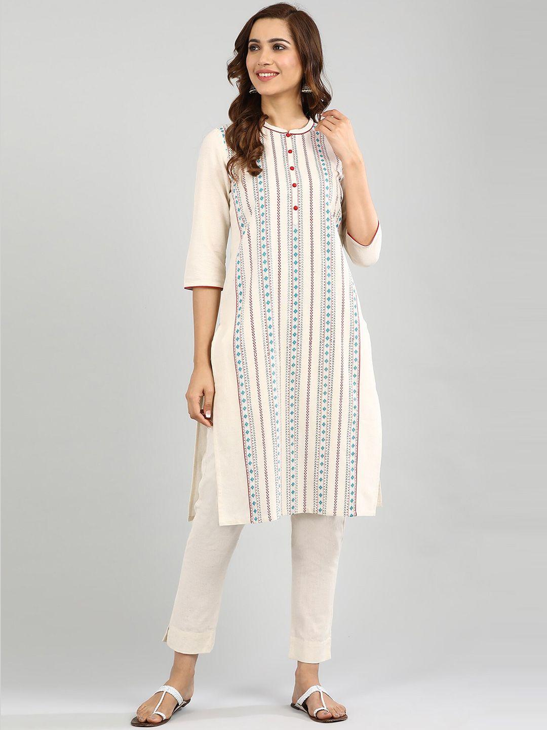 aurelia women cream-coloured geometric thread work kurta