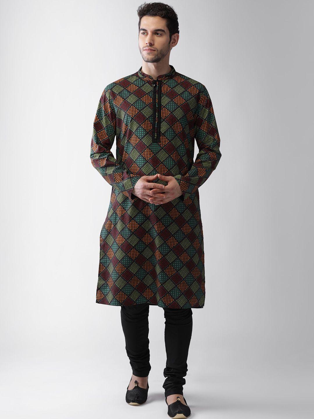 kisah men black & yellow geometric printed straight kurta