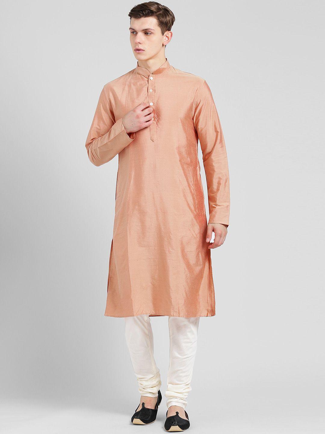 kisah men peach-coloured solid cotton kurta