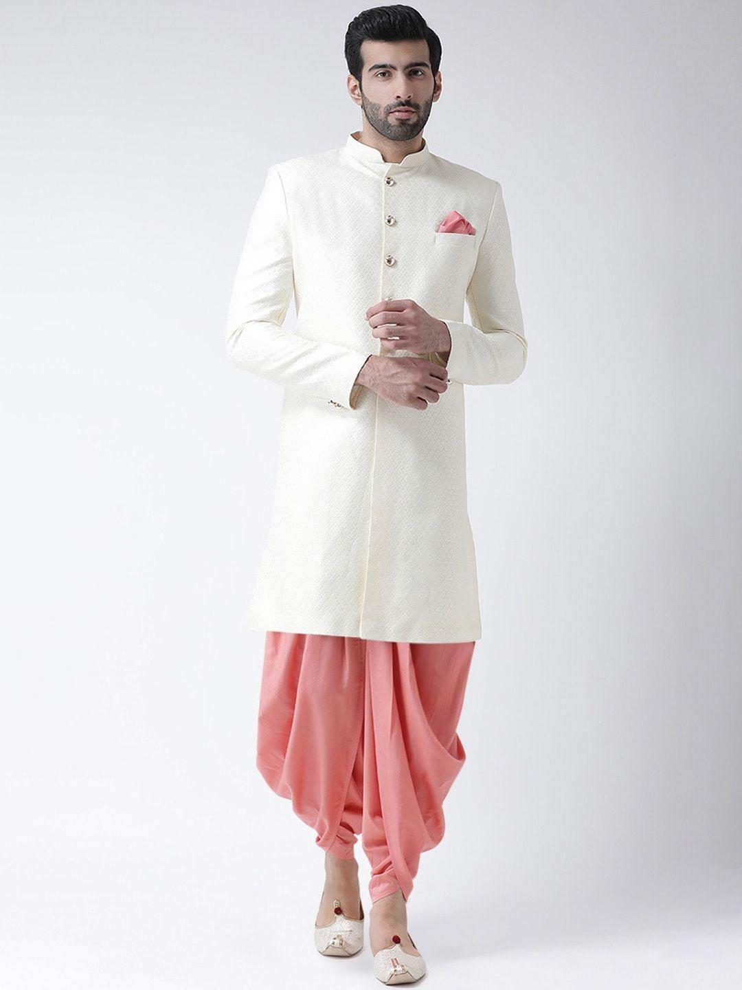 kisah men white & peach woven-design sherwani set