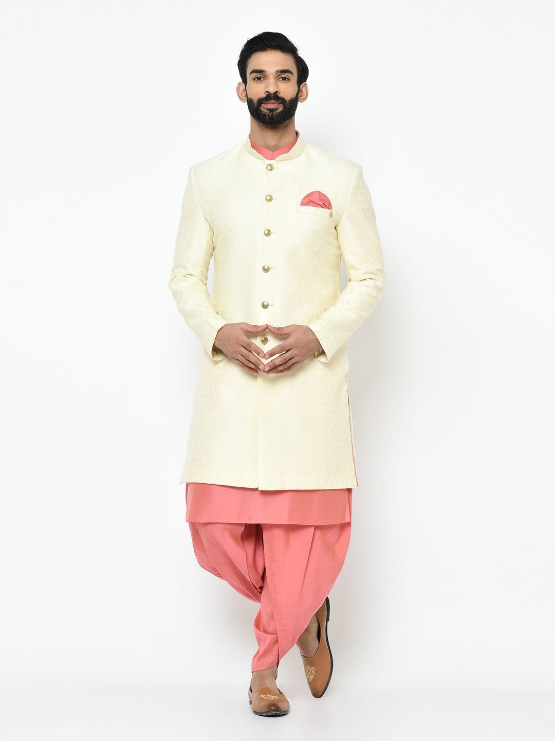 kisah men off white & peach solid cotton sherwani set