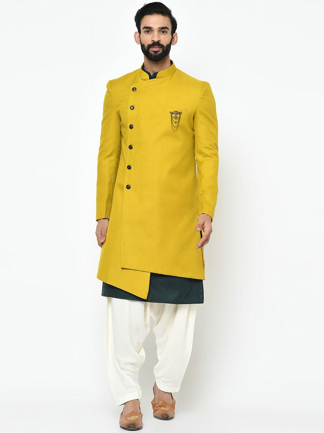 kisah men mustard yellow & white printed sherwani set