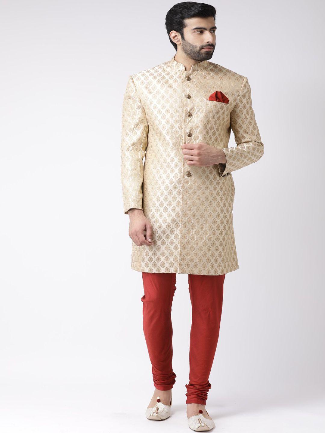 kisah men cream & red self-design sherwani set