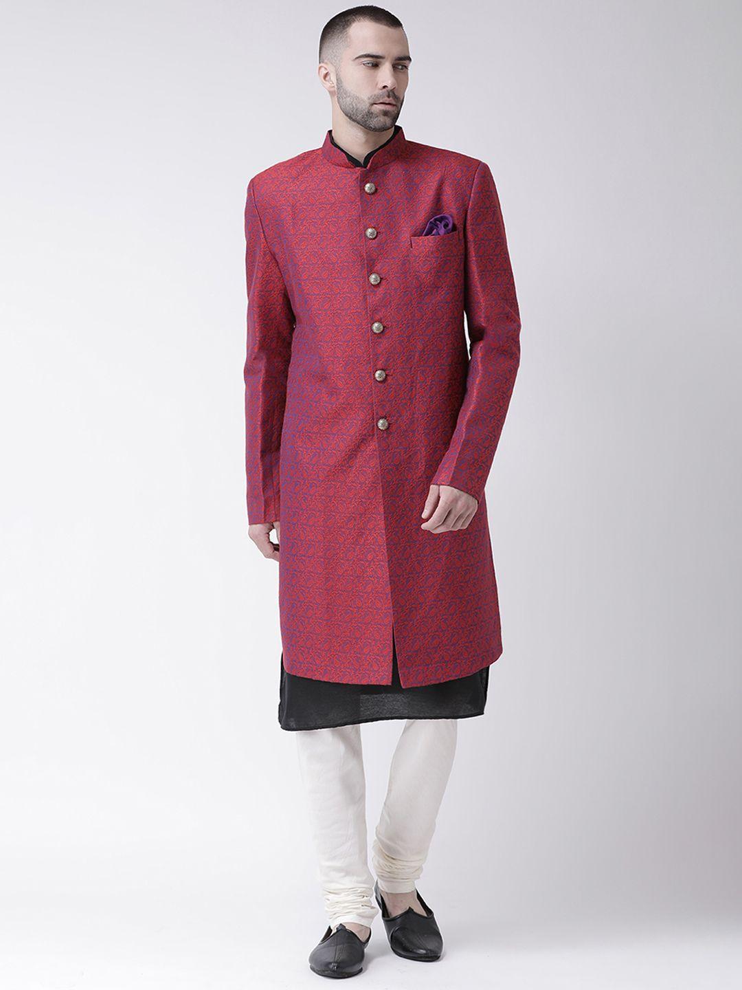 kisah men maroon & white paisley woven design cotton sherwani set