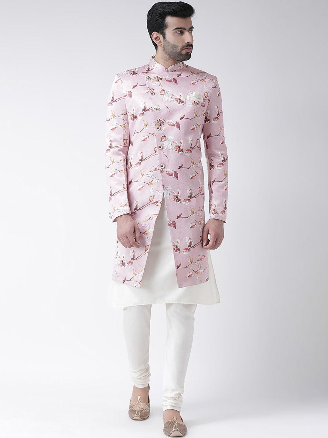 kisah men pink & white printed sherwani set