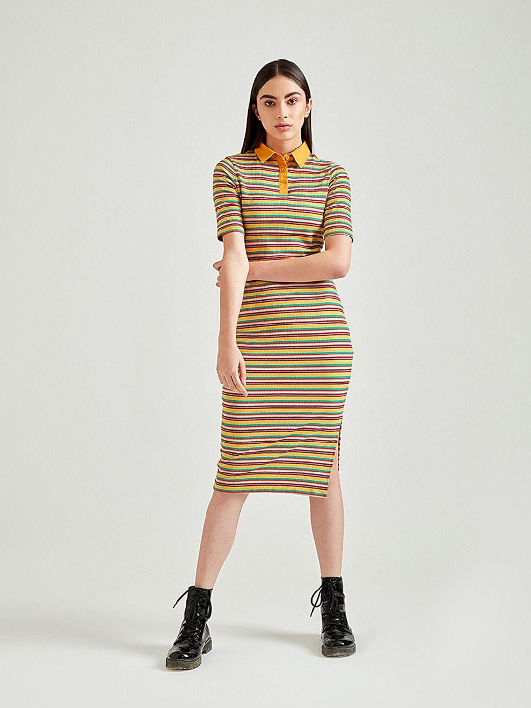 cover story women yellow striped cotton bodycon dress