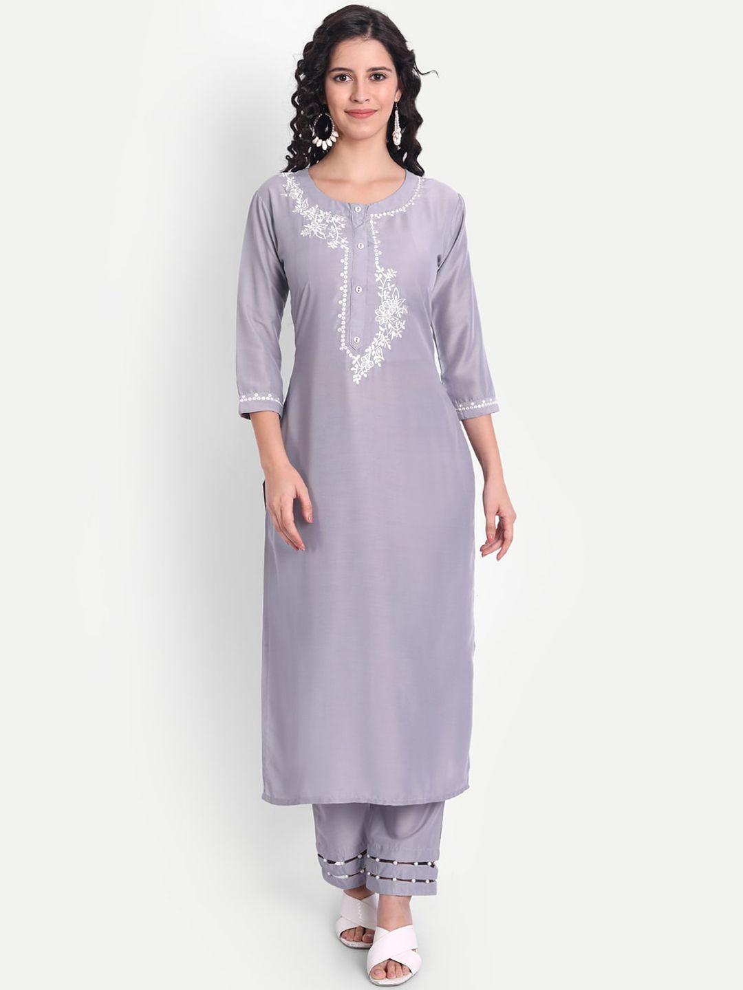 v tradition women grey embroidered pure silk kurta with palazzos