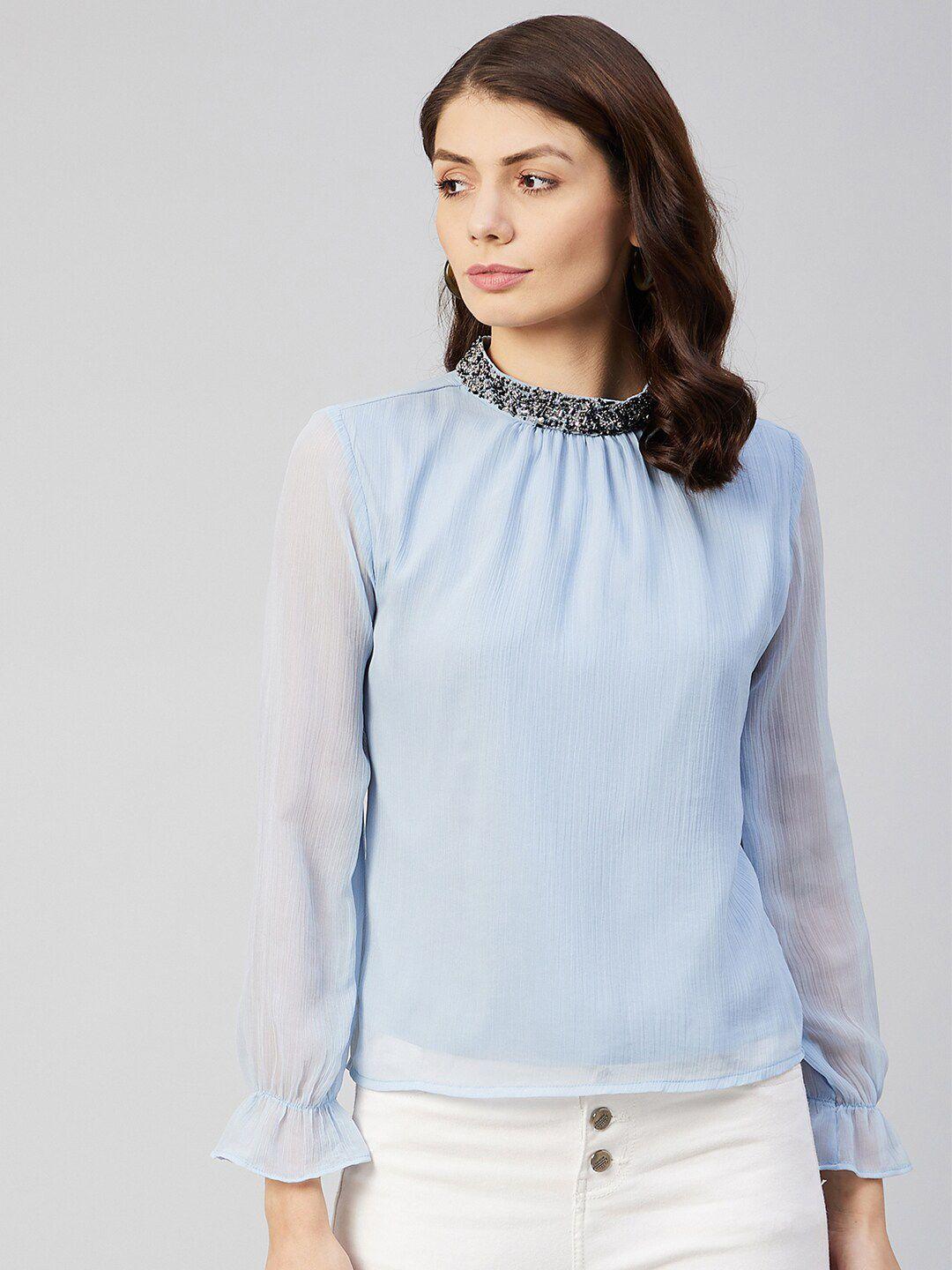 marie claire women blue embellished jewel neck chiffon top