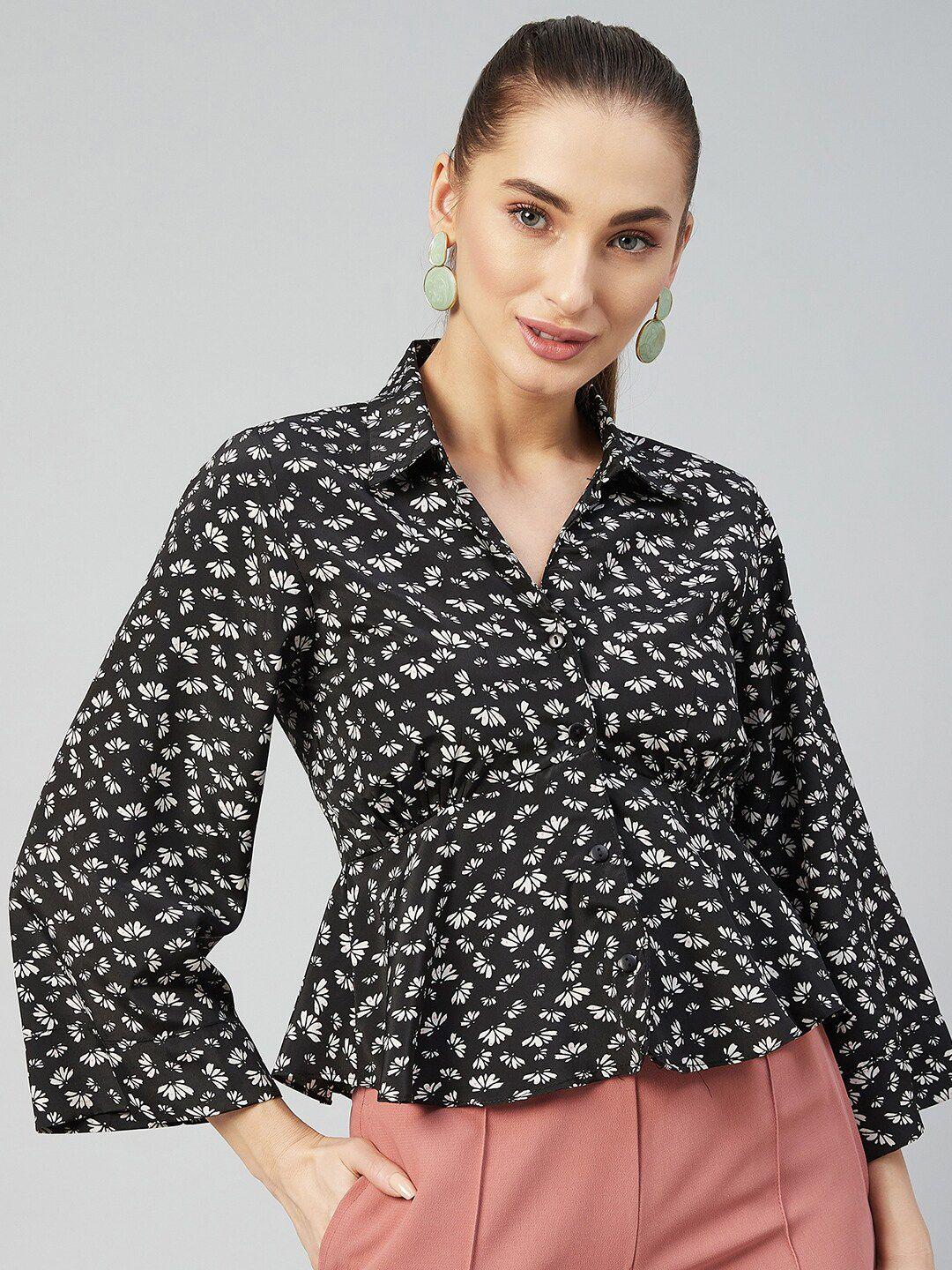 rare black women floral print crepe shirt style top